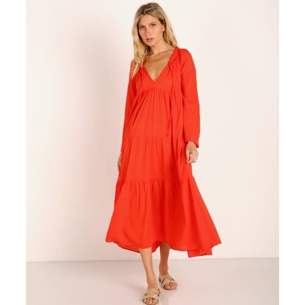 9seed Maxi‎ Dress Womens Size 2 Majora Long Sleeve Dahila Front Neck Tie Tiered